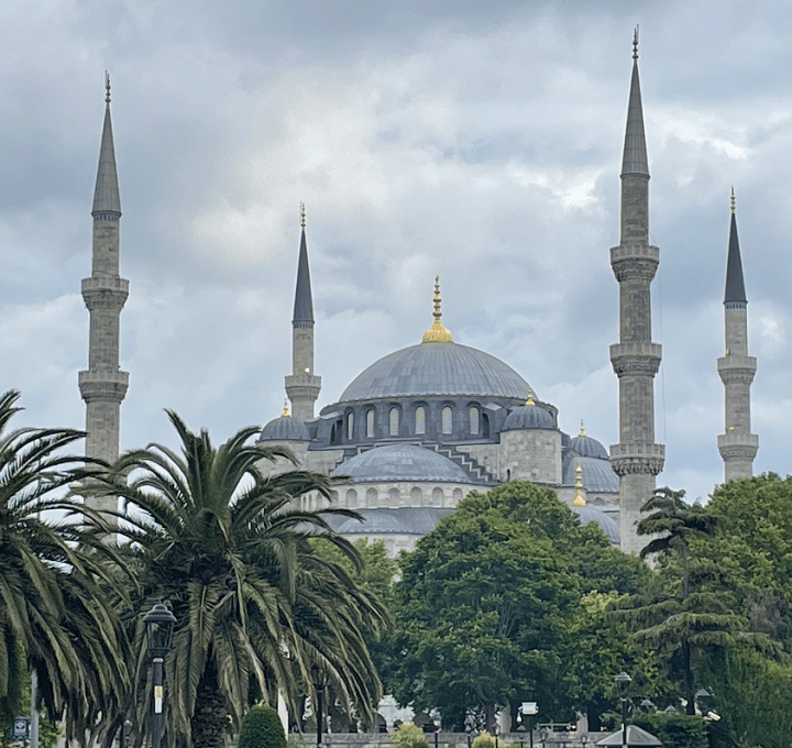 dome of the blue mosque and four minarets behind trees against a cloudy sky