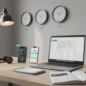 a laptop 2 phones a headsed and a notebook on a desk with clocks on the wall behind