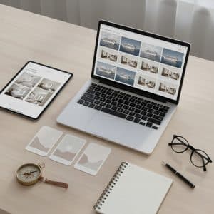 a laptop tablet notebook and other office supplies on a desk