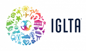 Rainbow coloured circle of travel icons with letters IGLTA to the right