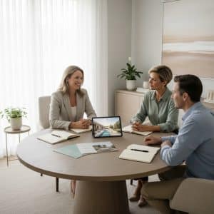 3 people sitting at a round table with a screen and documents between them