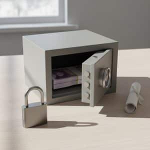 A safe a padlock and a rolled certificate on a desk