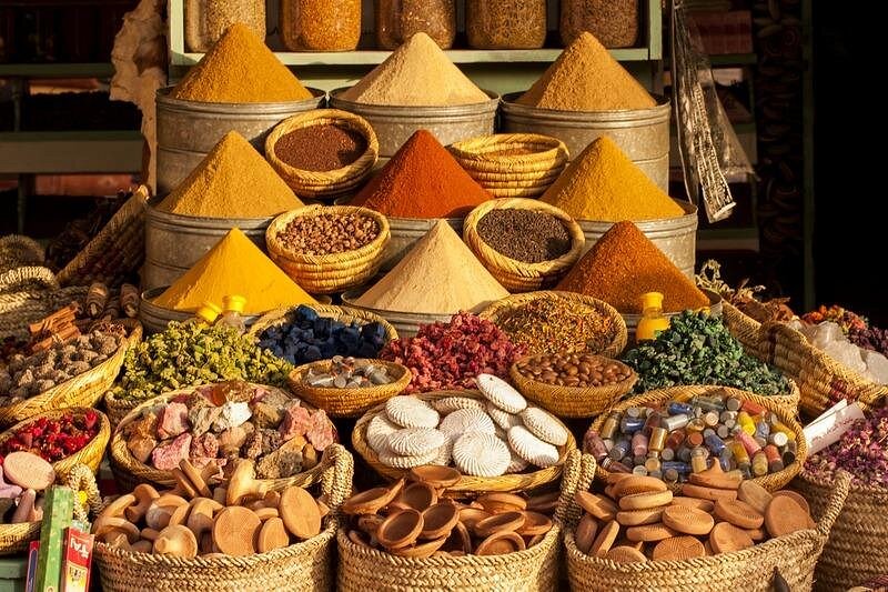 Moroccan spice stalls in Marrakech medina